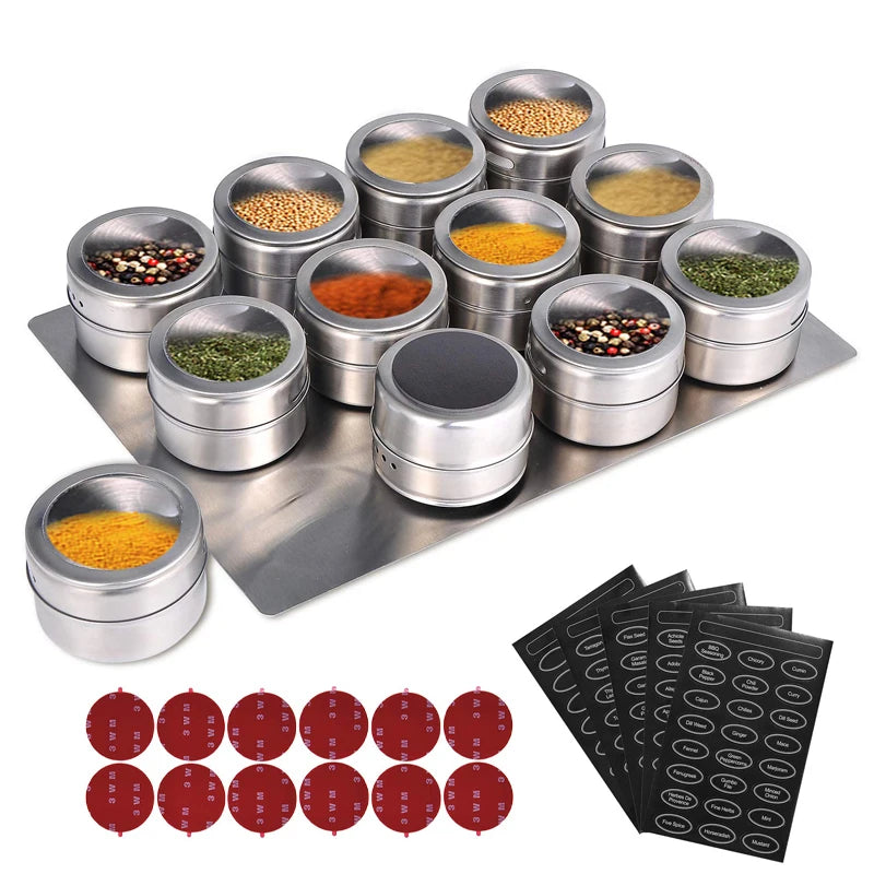 Magnetic Spice Jars with Wall Mounted Rack – Stainless Steel Spice Tins & Seasoning Containers with Labels