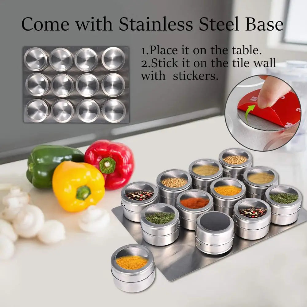 Magnetic Spice Jars with Wall Mounted Rack – Stainless Steel Spice Tins & Seasoning Containers with Labels