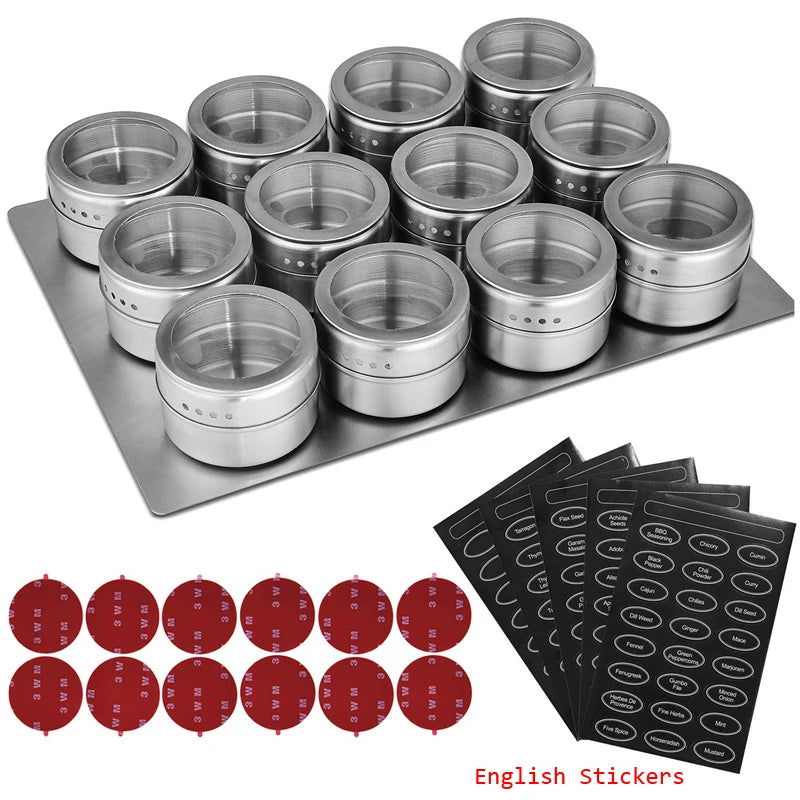 Magnetic Spice Jars with Wall Mounted Rack – Stainless Steel Spice Tins & Seasoning Containers with Labels