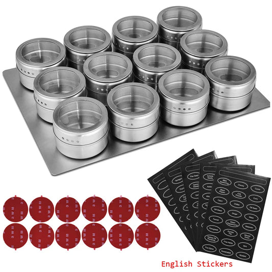 Magnetic Spice Jars with Wall Mounted Rack – Stainless Steel Spice Tins & Seasoning Containers with Labels