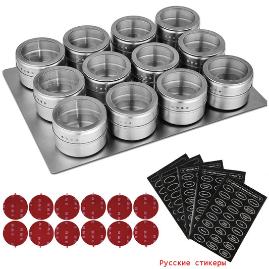 Magnetic Spice Jars with Wall Mounted Rack – Stainless Steel Spice Tins & Seasoning Containers with Labels