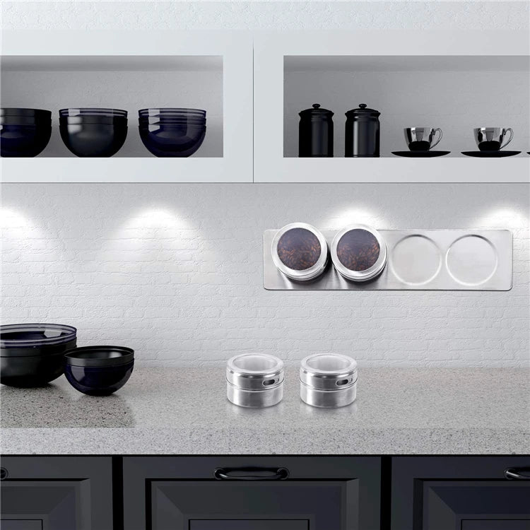 Magnetic Spice Jars with Wall Mounted Rack – Stainless Steel Spice Tins & Seasoning Containers with Labels