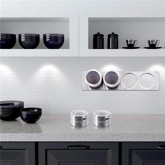 Magnetic Spice Jars with Wall Mounted Rack – Stainless Steel Spice Tins & Seasoning Containers with Labels