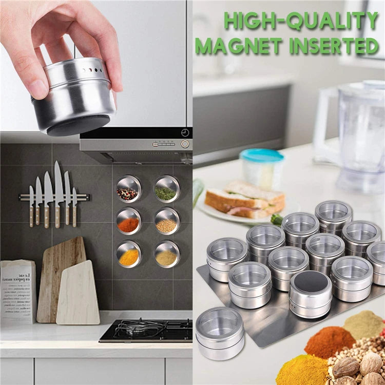 Magnetic Spice Jars with Wall Mounted Rack – Stainless Steel Spice Tins & Seasoning Containers with Labels