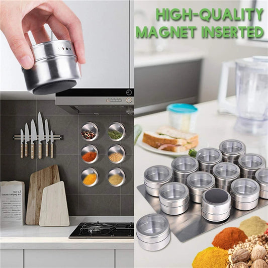 Magnetic Spice Jars with Wall Mounted Rack – Stainless Steel Spice Tins & Seasoning Containers with Labels