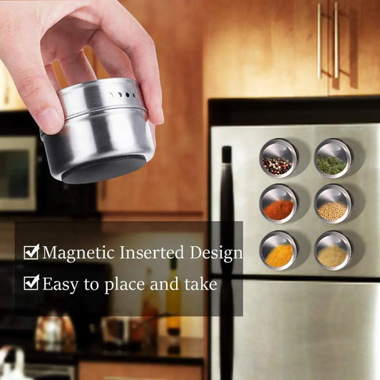 Magnetic Spice Jars with Wall Mounted Rack – Stainless Steel Spice Tins & Seasoning Containers with Labels