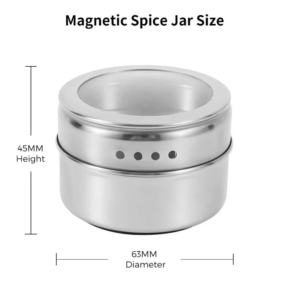 Magnetic Spice Jars with Wall Mounted Rack – Stainless Steel Spice Tins & Seasoning Containers with Labels