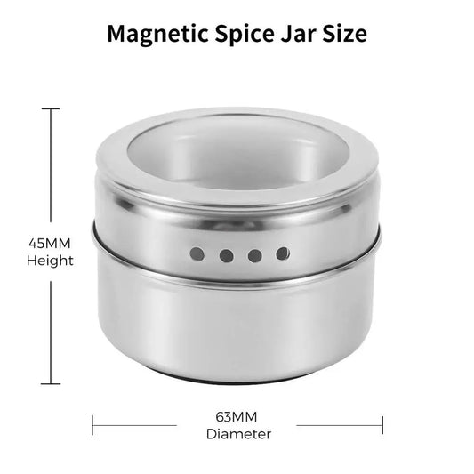 Magnetic Spice Jars with Wall Mounted Rack – Stainless Steel Spice Tins & Seasoning Containers with Labels