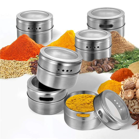 Magnetic Spice Jars with Wall Mounted Rack – Stainless Steel Spice Tins & Seasoning Containers with Labels