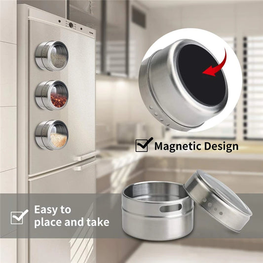 Magnetic Spice Jars with Wall Mounted Rack – Stainless Steel Spice Tins & Seasoning Containers with Labels