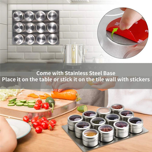 Magnetic Spice Jars with Wall Mounted Rack – Stainless Steel Spice Tins & Seasoning Containers with Labels