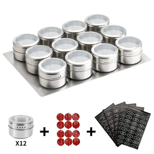 Magnetic Spice Jars with Wall Mounted Rack – Stainless Steel Spice Tins & Seasoning Containers with Labels