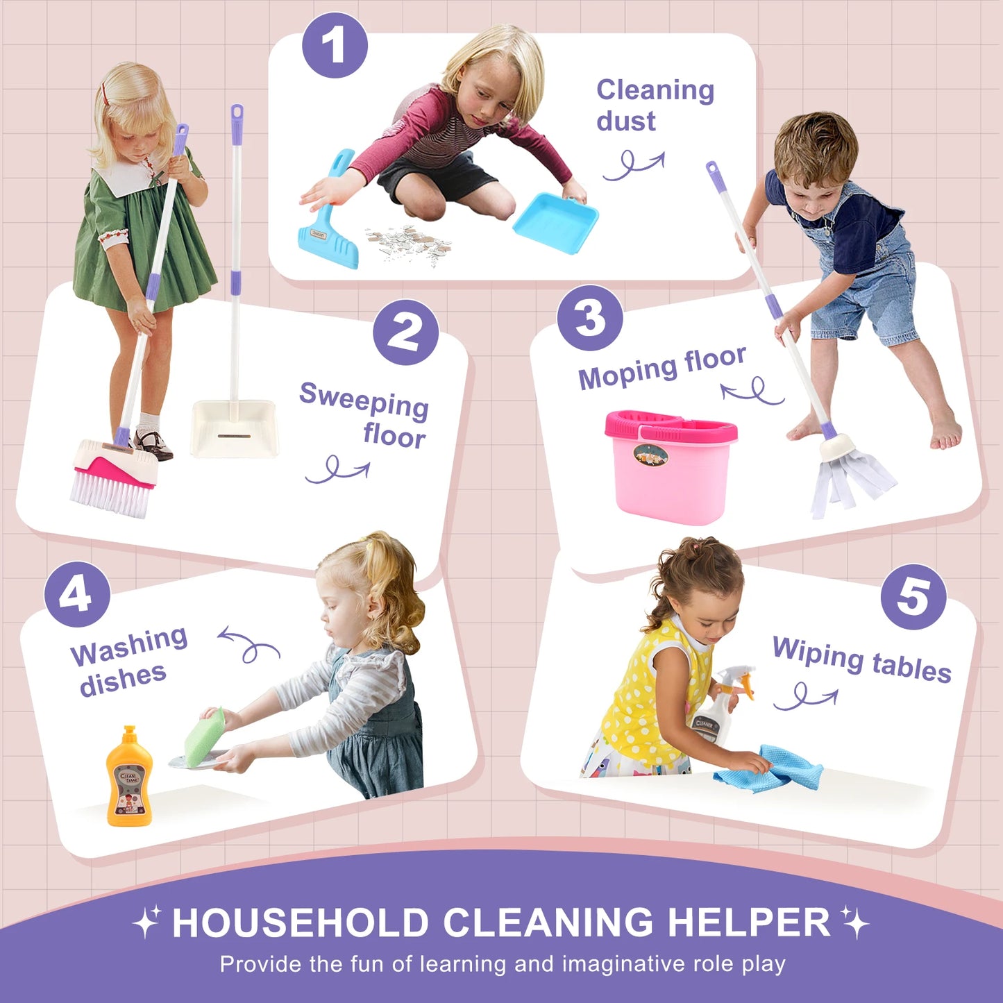 Kids Cleaning Toy Set with Broom Mop Bucket 12PCS