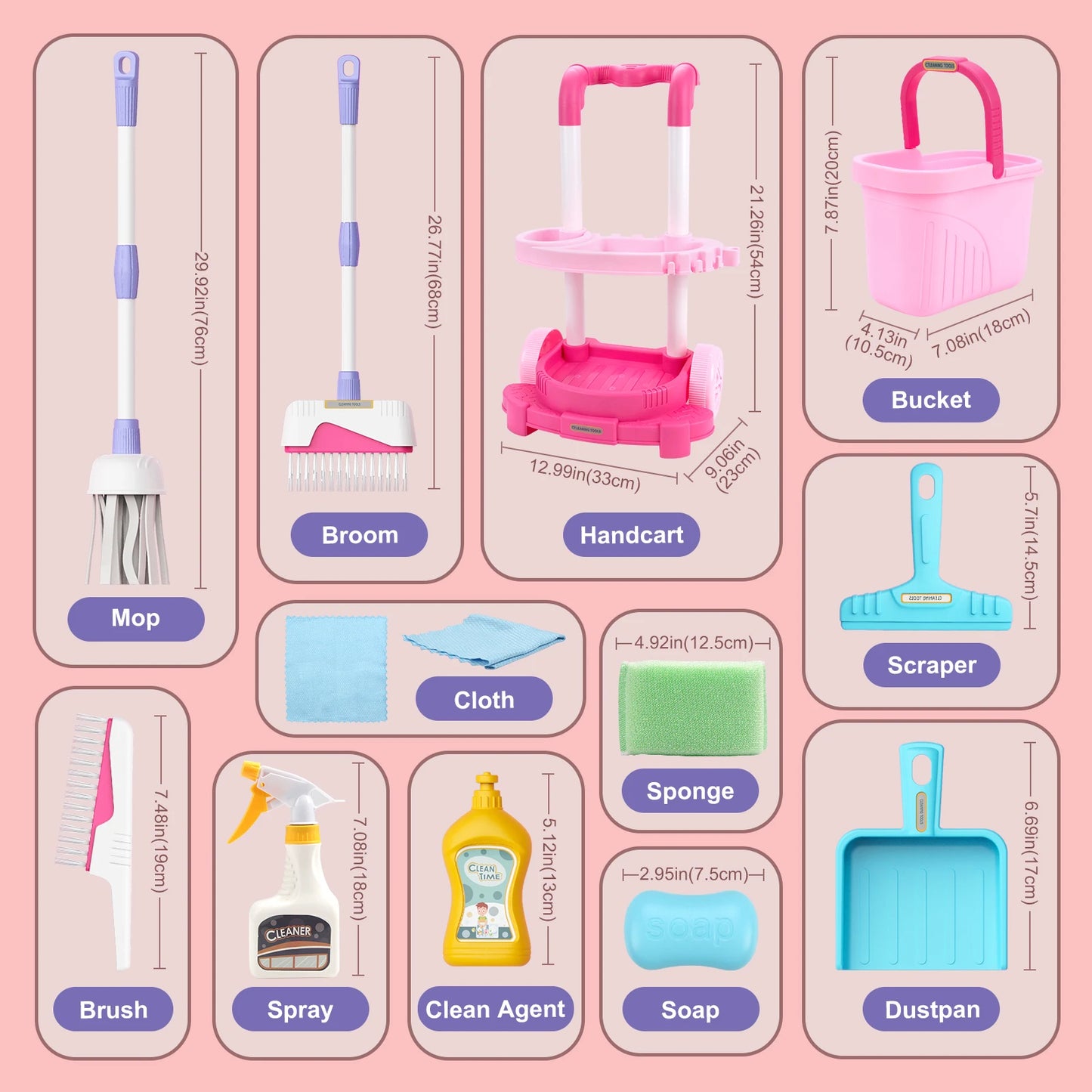 Kids Cleaning Toy Set with Broom Mop Bucket 12PCS