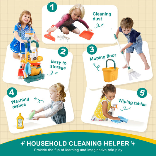Kids Cleaning Toy Set with Broom Mop Bucket 12PCS