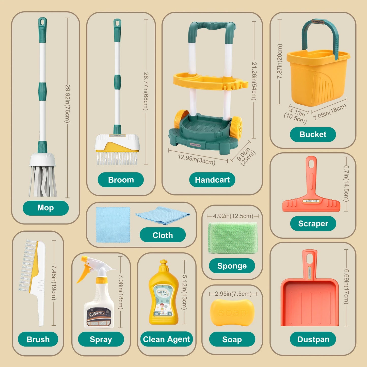 Kids Cleaning Toy Set with Broom Mop Bucket 12PCS