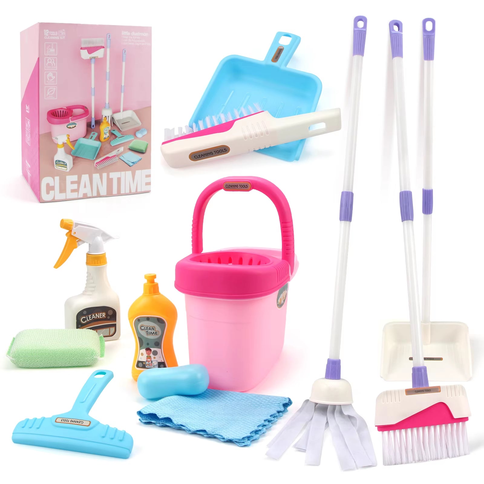 Kids Cleaning Toy Set with Broom Mop Bucket 12PCS