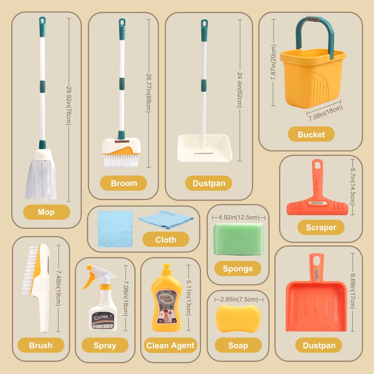 Kids Cleaning Toy Set with Broom Mop Bucket 12PCS