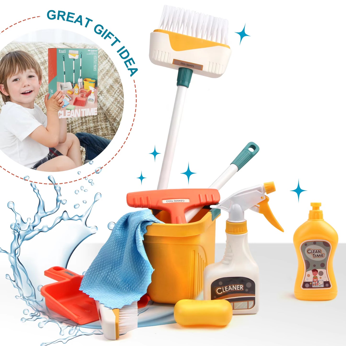 Kids Cleaning Toy Set with Broom Mop Bucket 12PCS