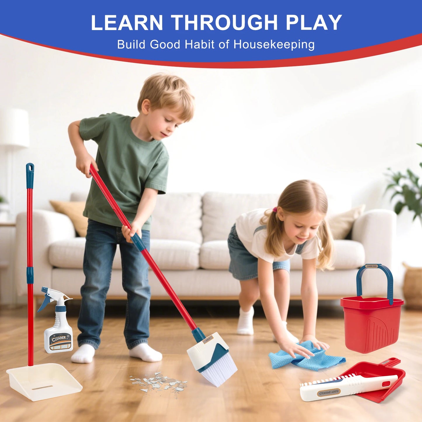 Kids Cleaning Toy Set with Broom Mop Bucket 12PCS