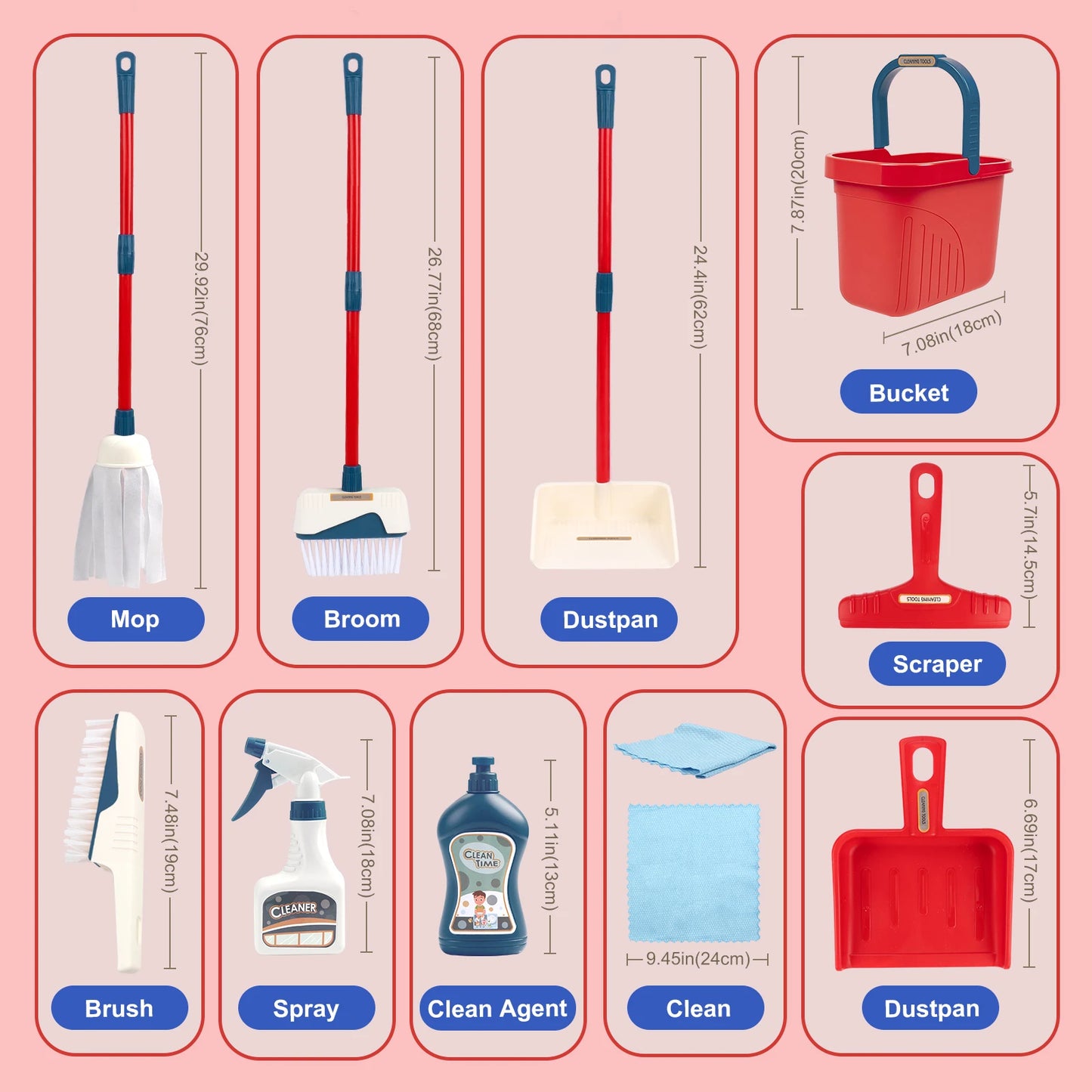 Kids Cleaning Toy Set with Broom Mop Bucket 12PCS