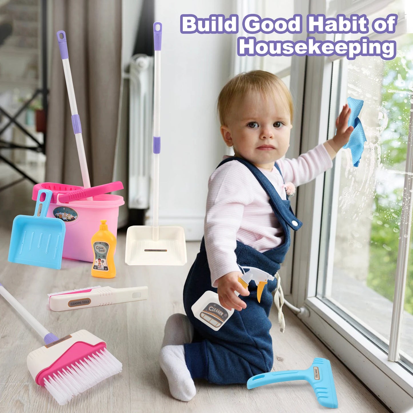 Kids Cleaning Toy Set with Broom Mop Bucket 12PCS