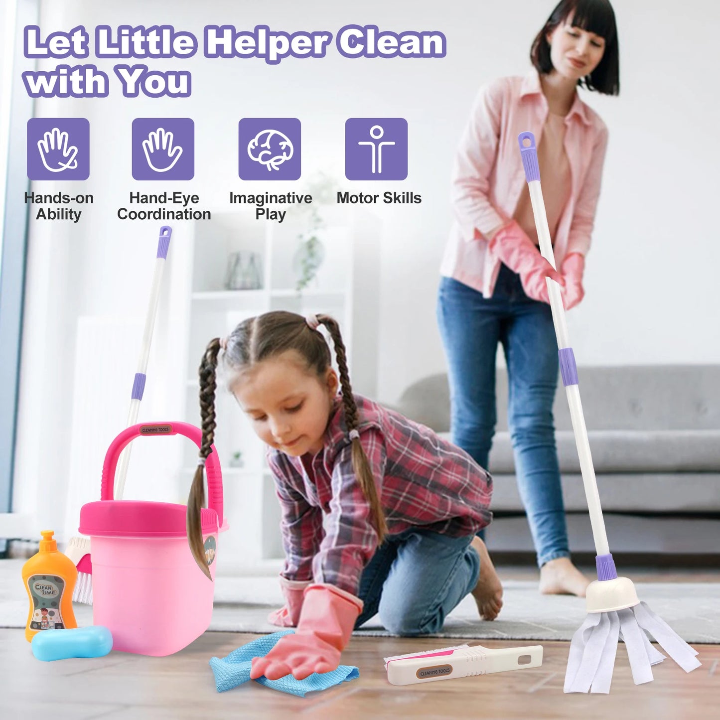 Kids Cleaning Toy Set with Broom Mop Bucket 12PCS