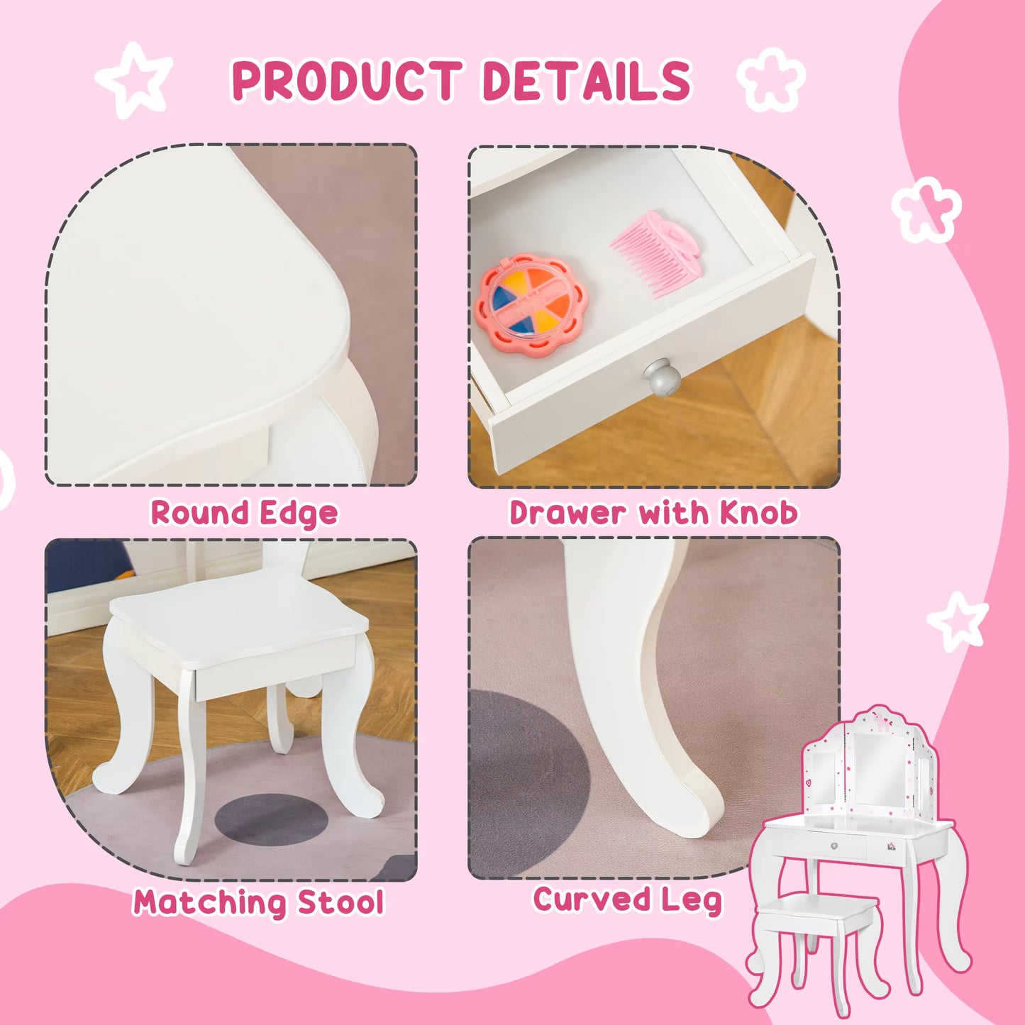 Kids Vanity Table and Stool Dressing Set with Mirror