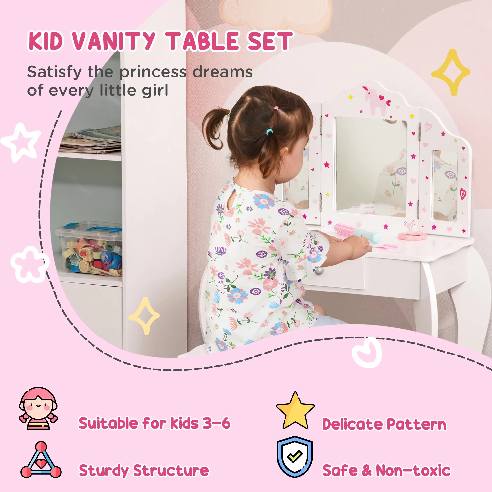 Kids Vanity Table and Stool Dressing Set with Mirror