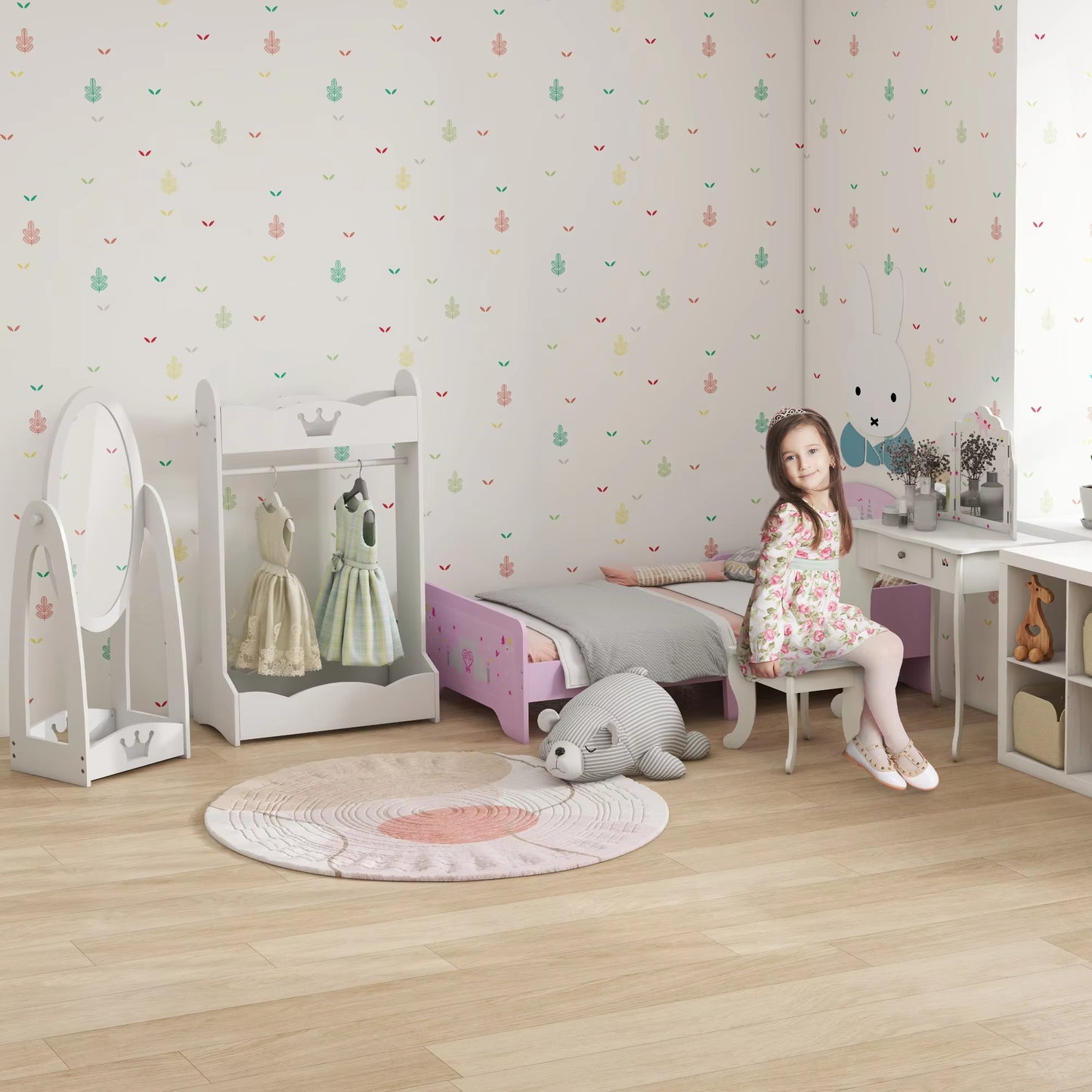 Kids Vanity Table and Stool Dressing Set with Mirror