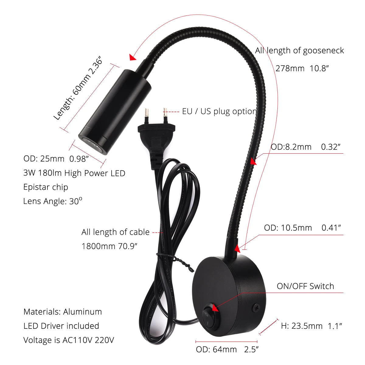 Led Wall Reading Lamp 3w Adjustable Bedside Book Light