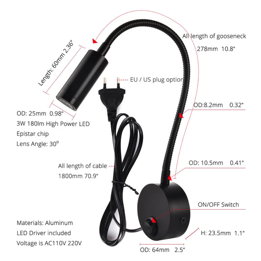 Led Wall Reading Lamp 3w Adjustable Bedside Book Light