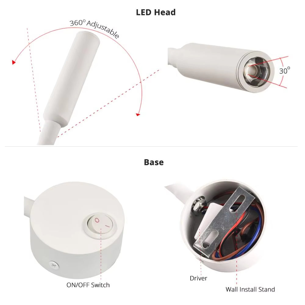 Led Wall Reading Lamp 3w Adjustable Bedside Book Light