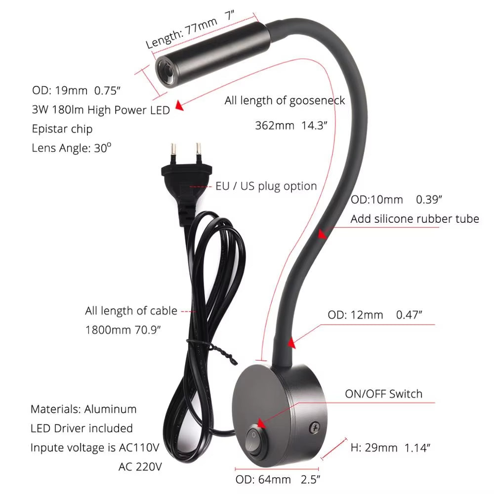 Led Wall Reading Lamp 3w Adjustable Bedside Book Light