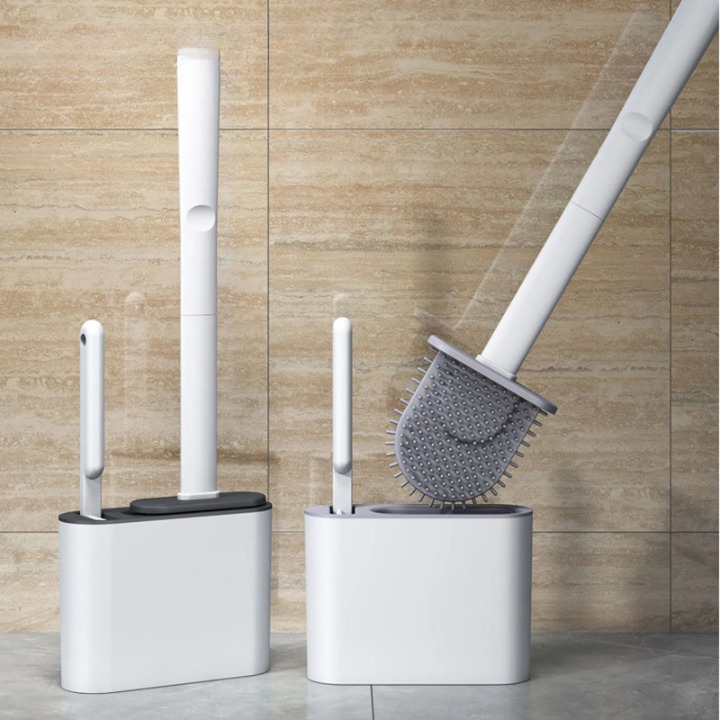 Wall Hanging Silicone Long Handle Toilet Brush with Ceramic Holder