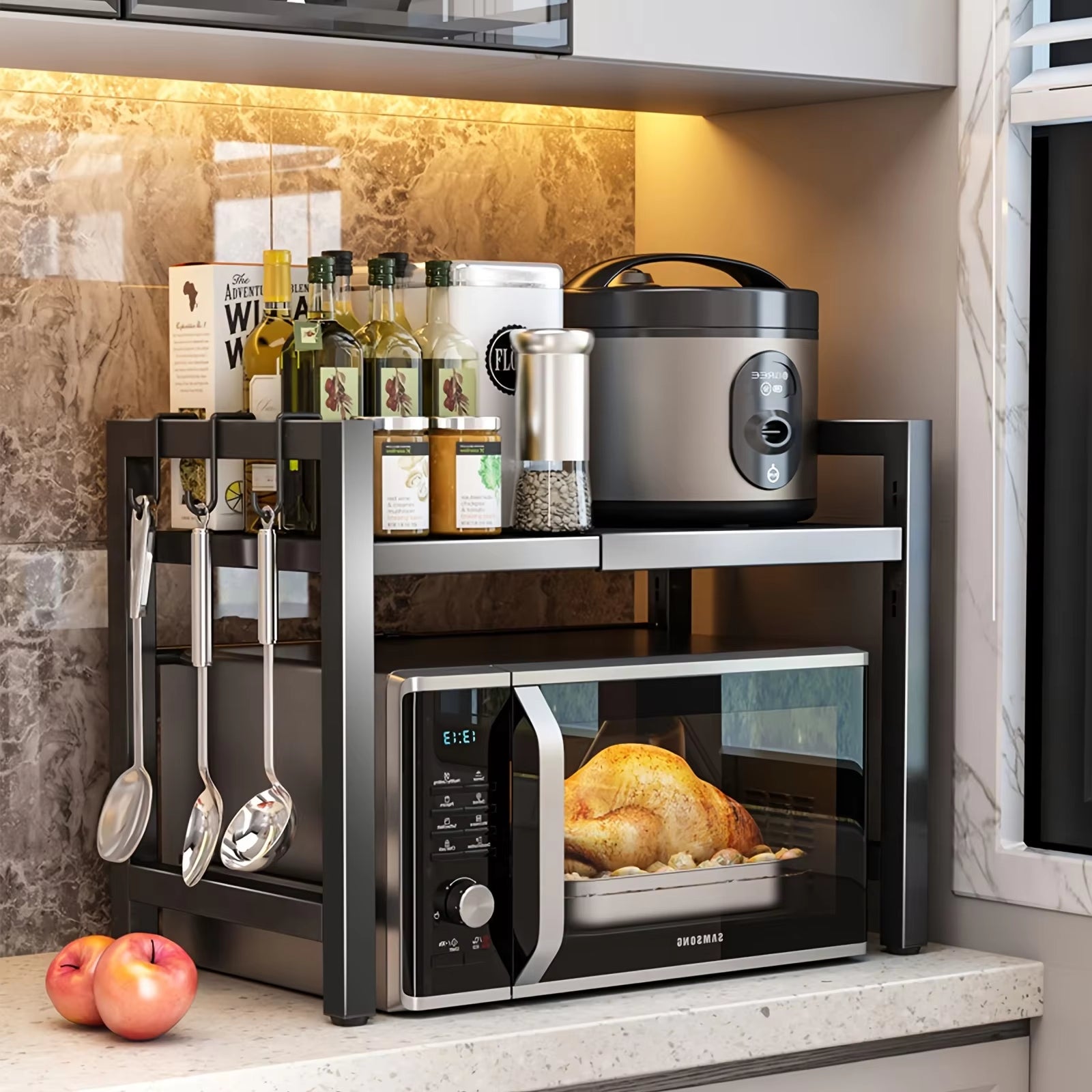 Microwave Holder with 6 Hooks Storage Rack