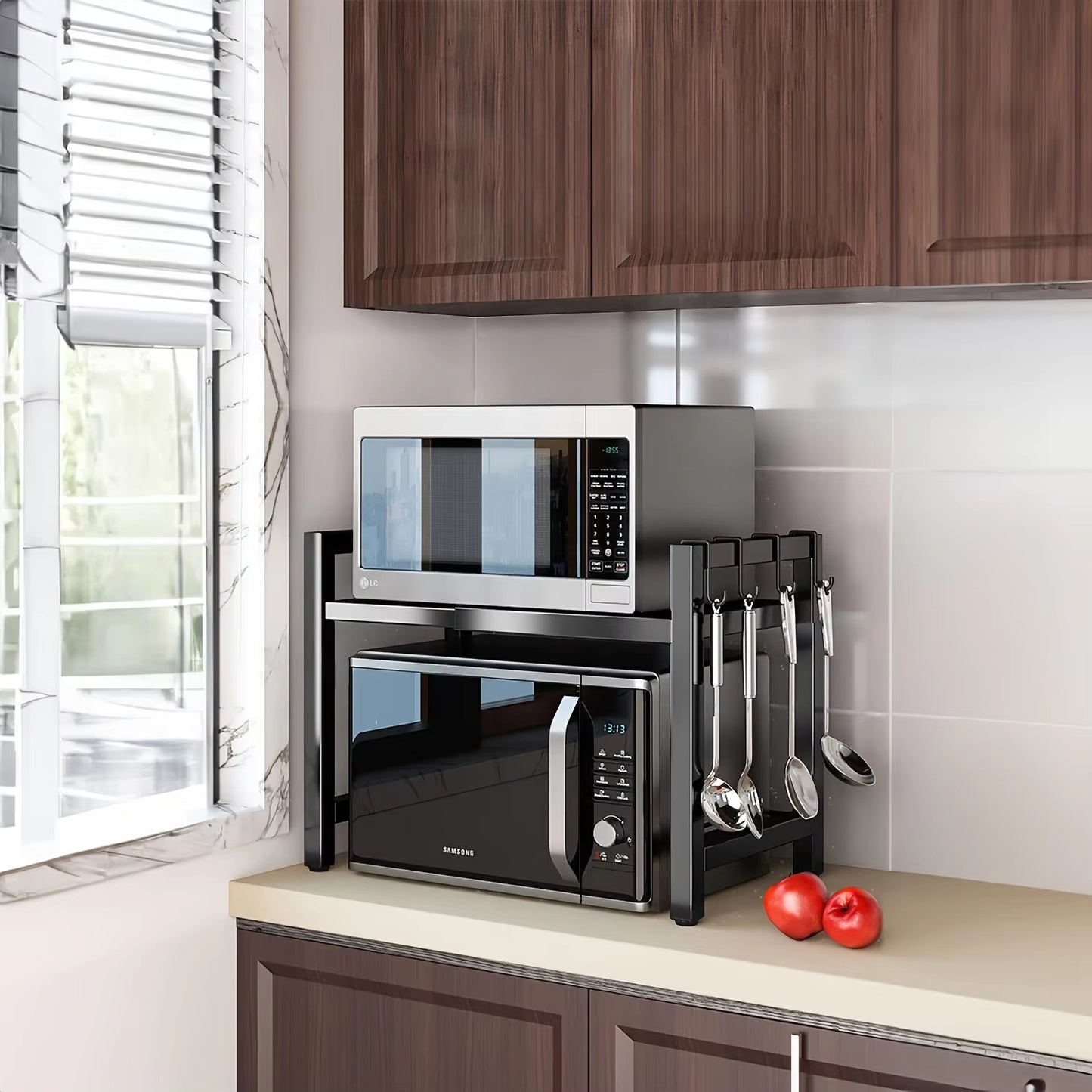 Microwave Holder with 6 Hooks Storage Rack