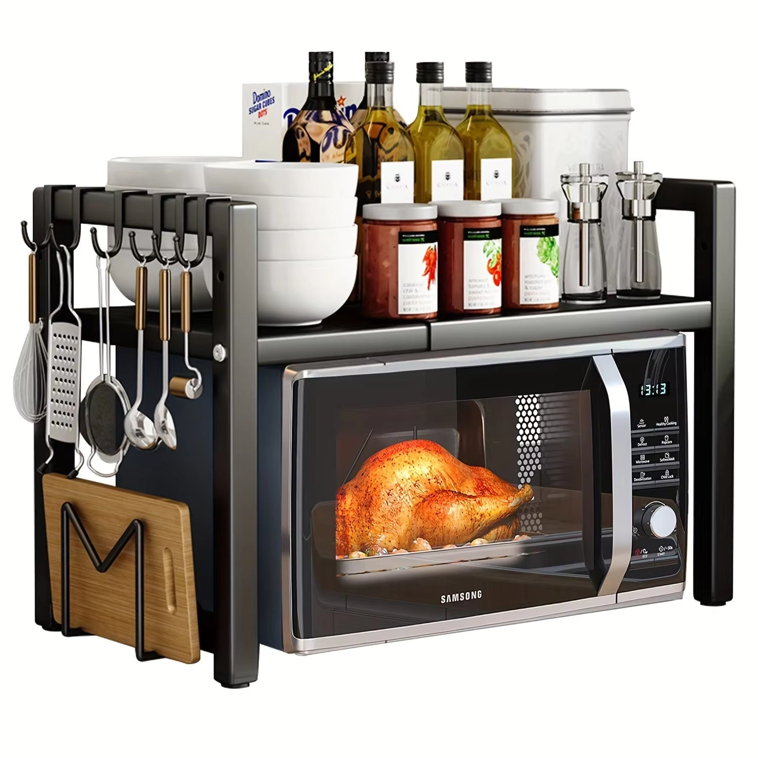 Microwave Holder with 6 Hooks Storage Rack