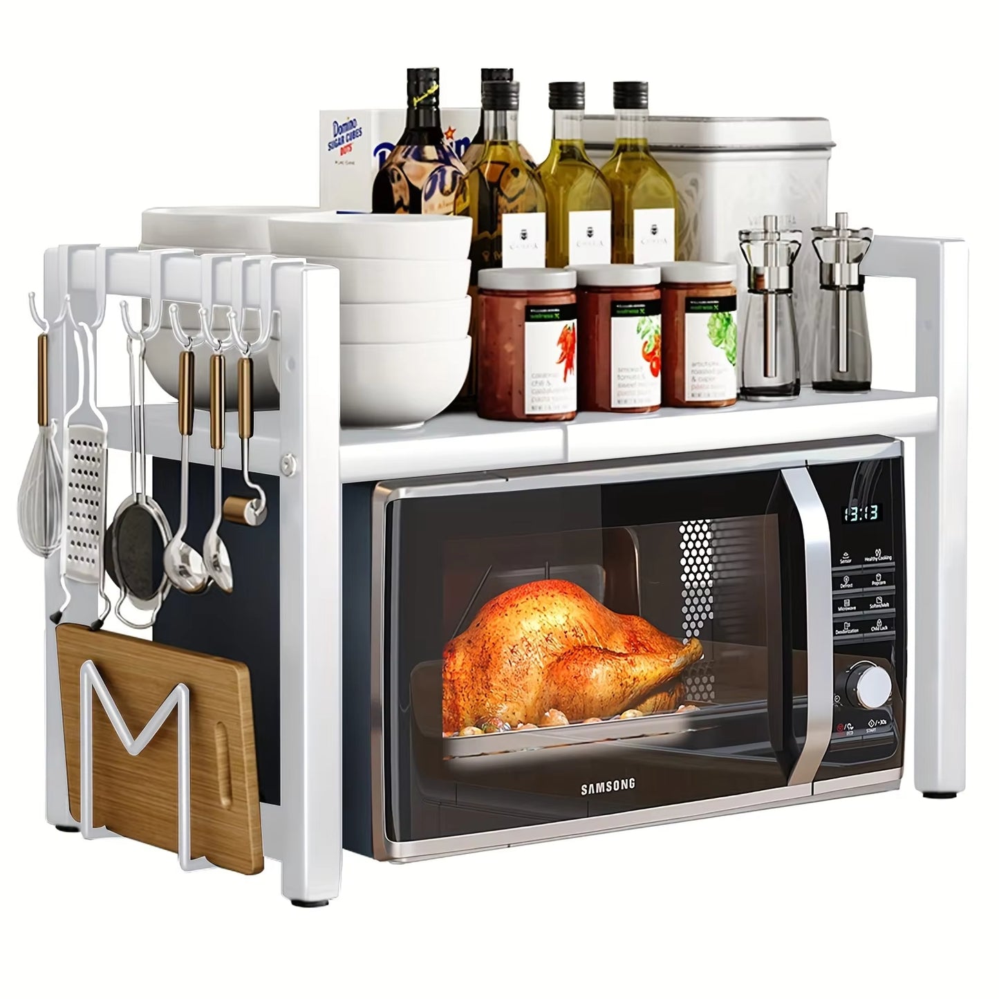 Microwave Holder with 6 Hooks Storage Rack