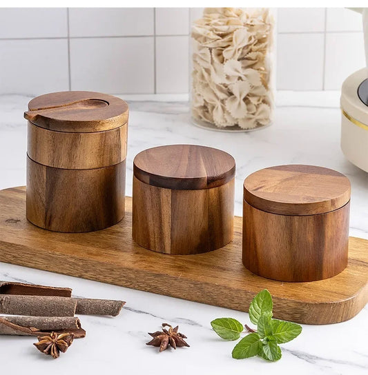 Wooden Seasoning Jar – Large Capacity Pepper & Salt Box with Spoon