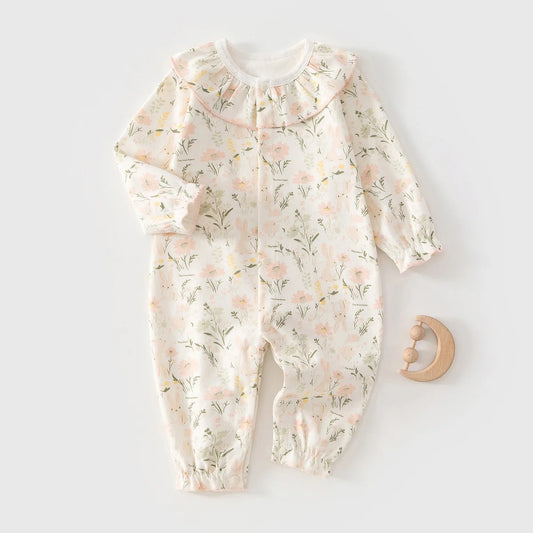 Baby Girls Floral Ruffle Romper – Long Sleeve Cotton Sleepwear (0–2Y)
