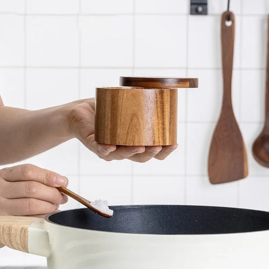 Wooden Seasoning Jar – Large Capacity Pepper & Salt Box with Spoon