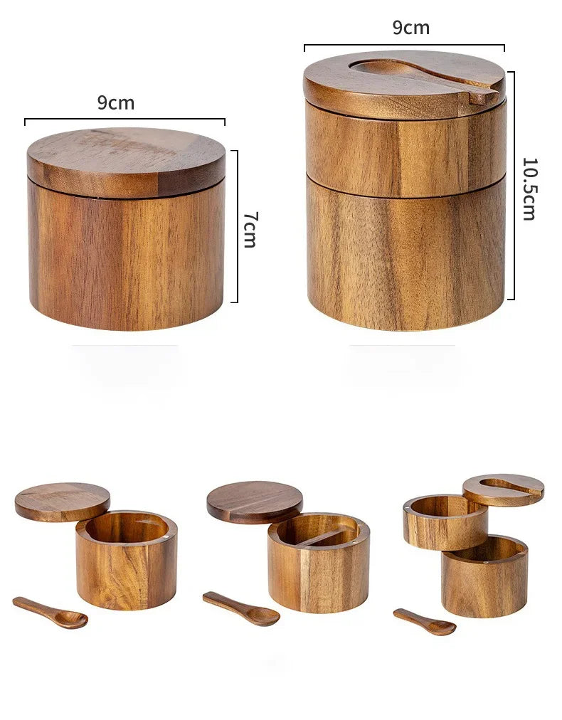 Wooden Seasoning Jar – Large Capacity Pepper & Salt Box with Spoon