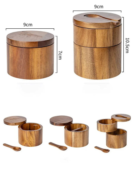 Wooden Seasoning Jar – Large Capacity Pepper & Salt Box with Spoon