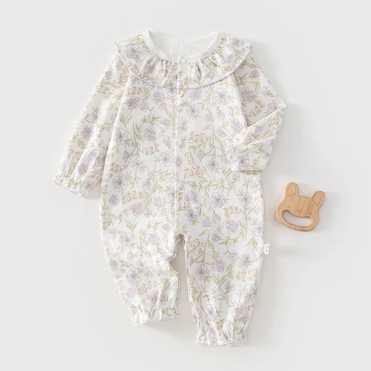 Baby Girls Floral Ruffle Romper – Long Sleeve Cotton Sleepwear (0–2Y)