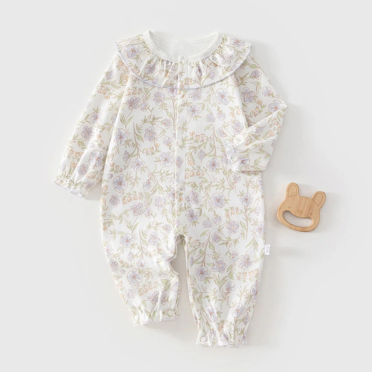 Baby Girls Floral Ruffle Romper – Long Sleeve Cotton Sleepwear (0–2Y)
