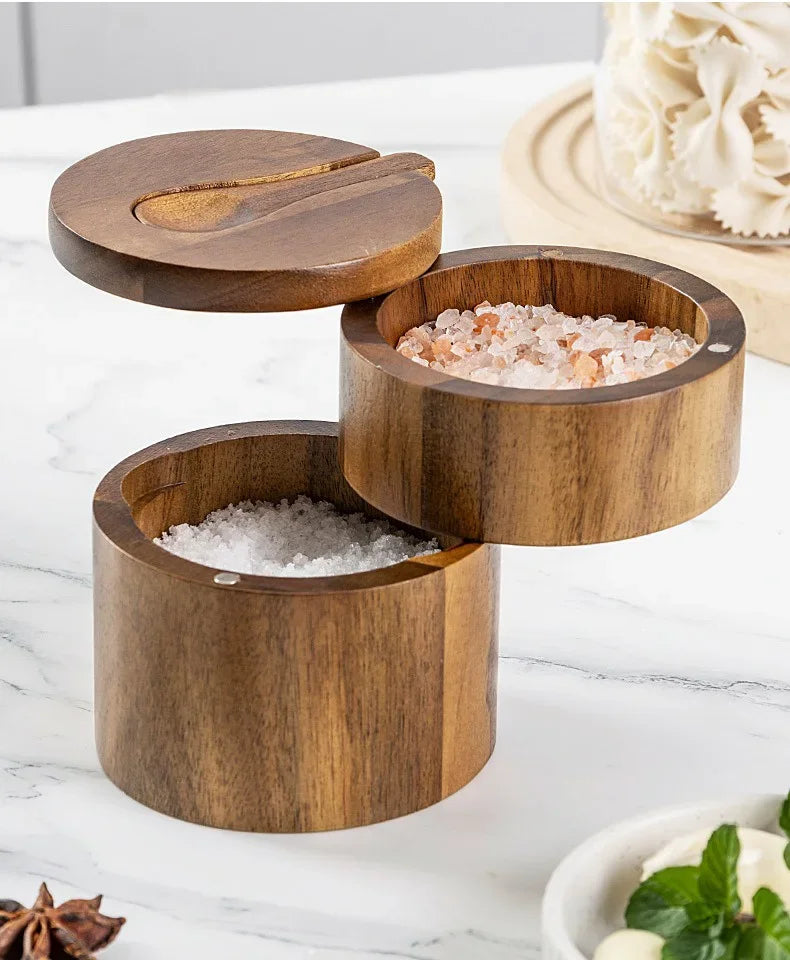 Wooden Seasoning Jar – Large Capacity Pepper & Salt Box with Spoon