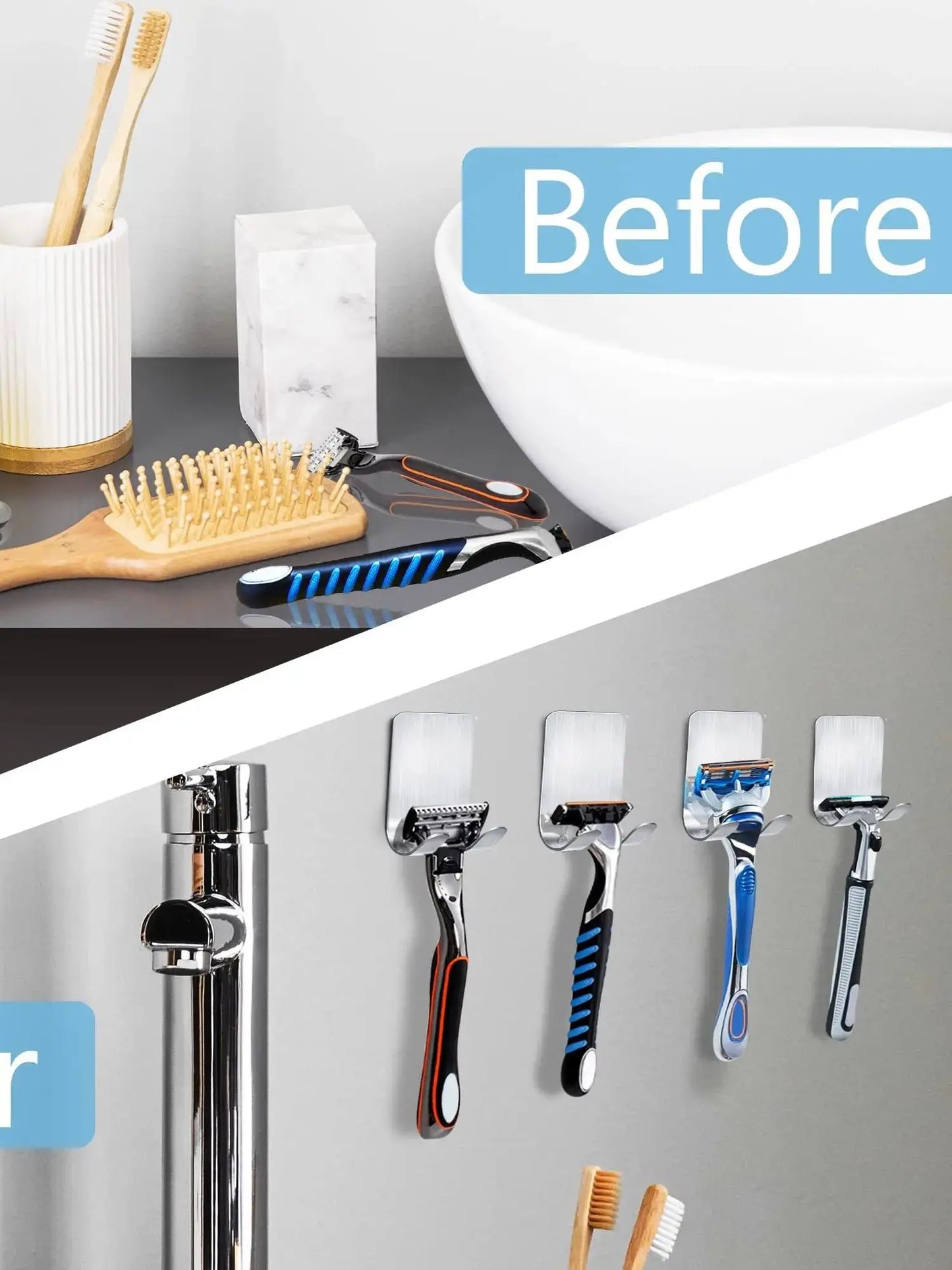 6pcs Stainless Steel Razor Holder & Shaver Stand Bathroom Hook Organizer