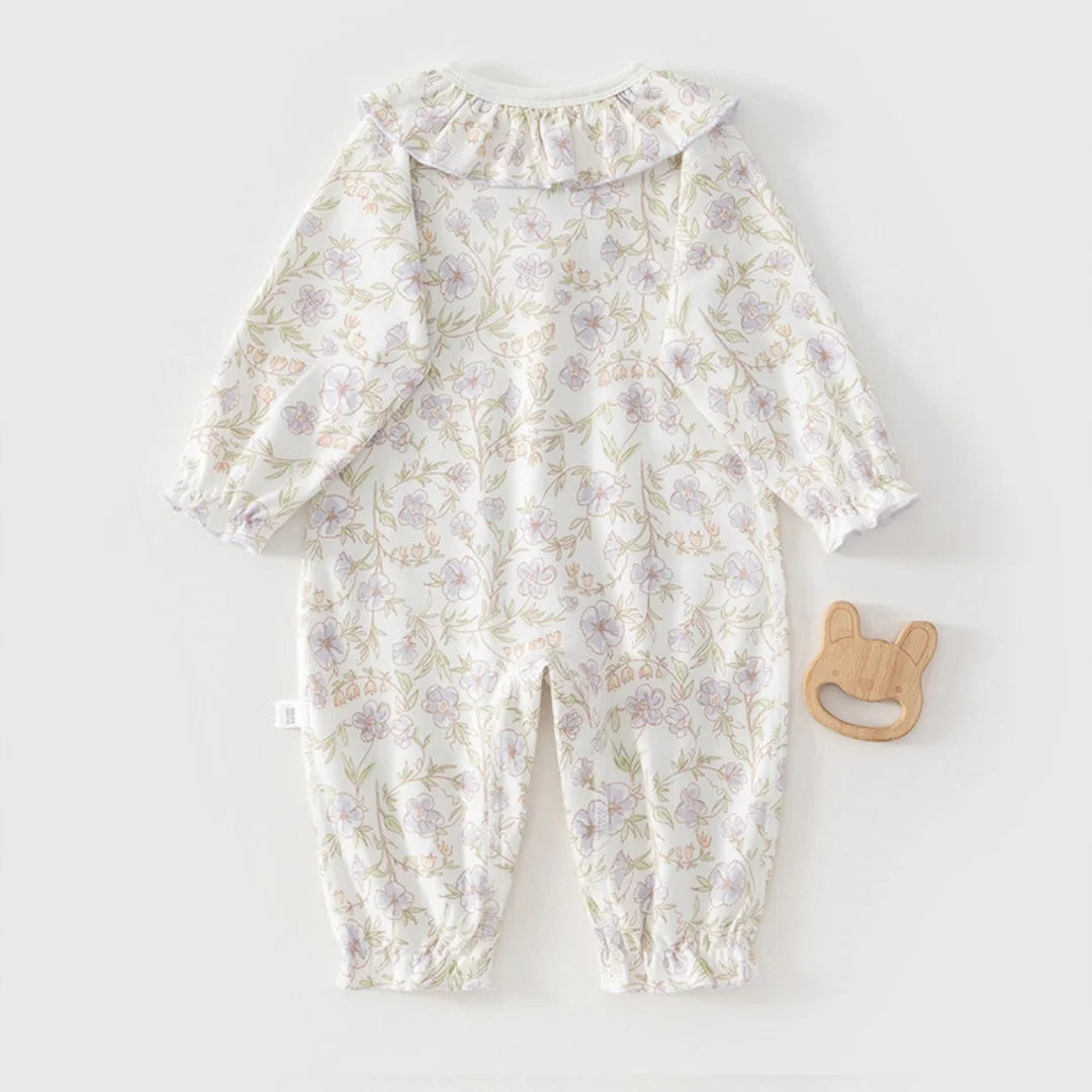 Baby Girls Floral Ruffle Romper – Long Sleeve Cotton Sleepwear (0–2Y)