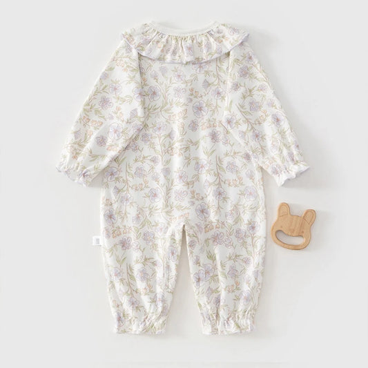 Baby Girls Floral Ruffle Romper – Long Sleeve Cotton Sleepwear (0–2Y)